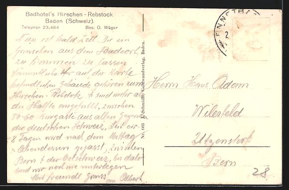 Cartoline postali: AK Baden, Badhotel Hirschen – Usato da Berlin venduto da bartko-reher 1
