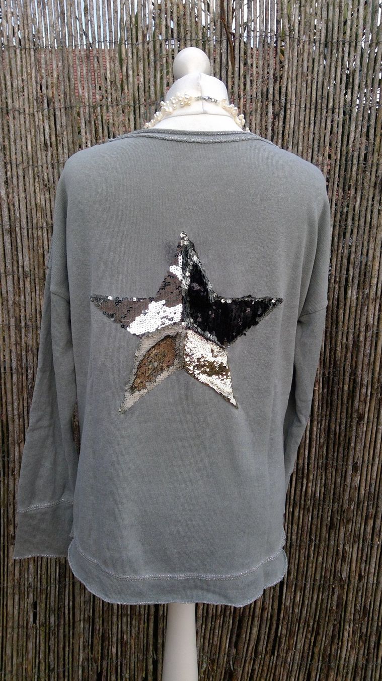 Maglioni & Felpe: Pullover kaki étoile dos en sequins, taille 2/M – Usato da Agiez venduto da chouchanelle
