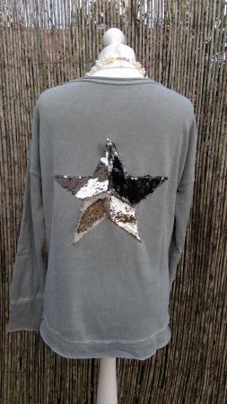 Pullover kaki étoile dos en sequins, taille 2/M