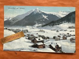 Alte Postkarte Davos-Dorf mit Seehorn, Winter-Motiv