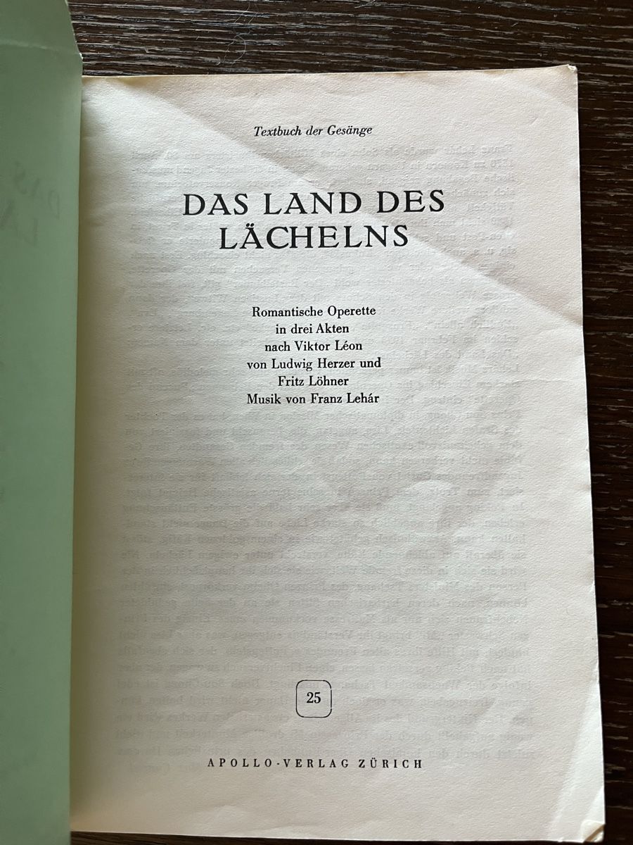 Bücher: Operetten-Textbuch "Das Land des Lächelns" 1945 – Gebraucht aus Winterthur von Mmagu 1