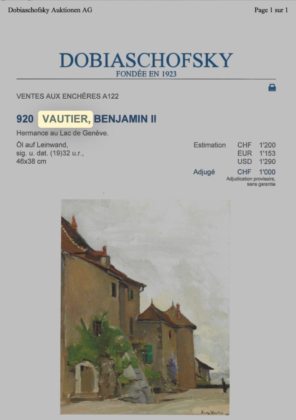 Gemälde: Benjamin Vautier (1895-1974) – Gebraucht aus Basel von PAUL_ART 3