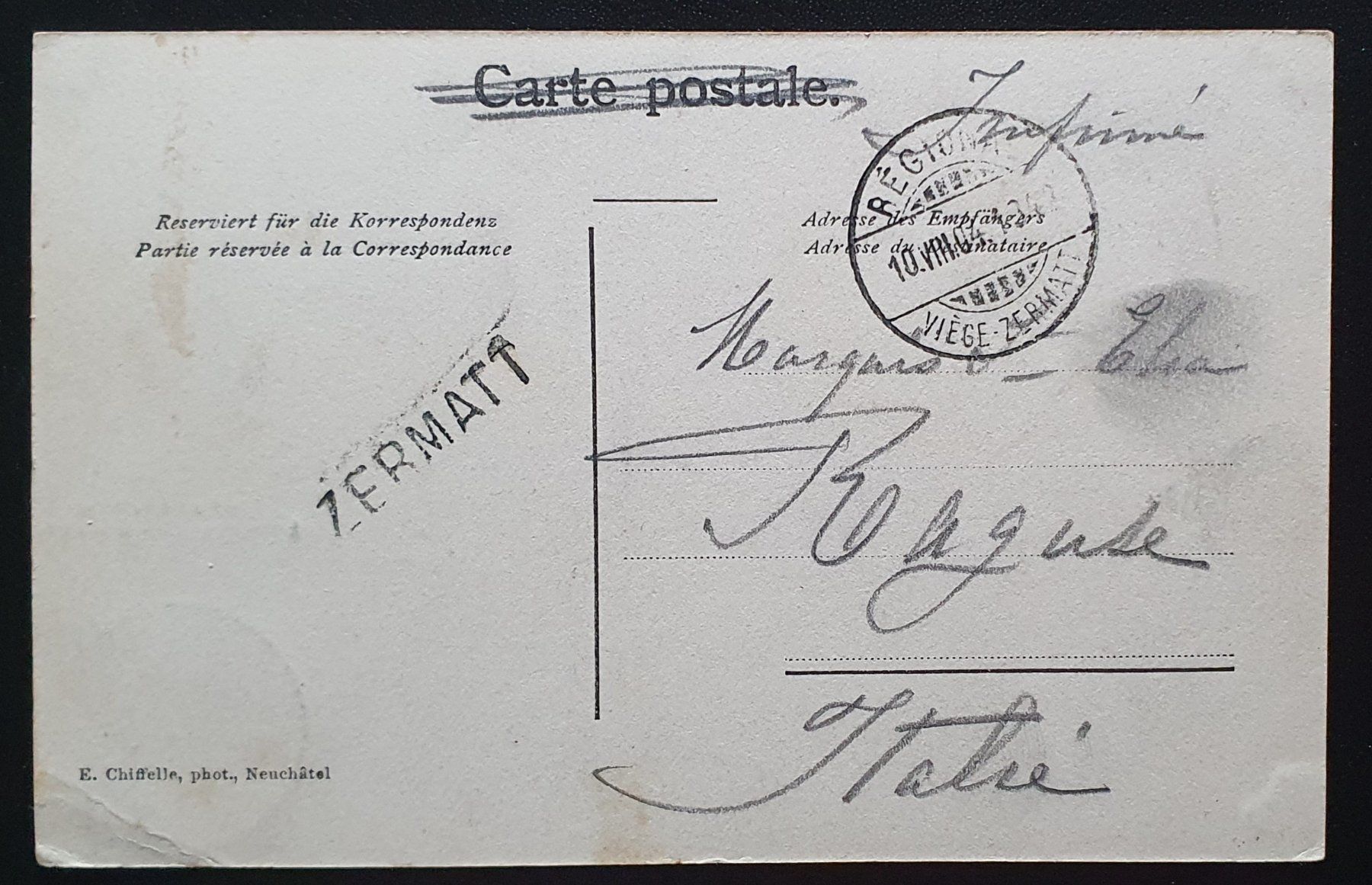 Ansichtskarten: Chapelle à Platten prės Zermatt,  mit Bahnpoststempel – Gebraucht aus Kreuzlingen von Rschweiz1 1