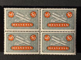 Schweiz 50c Helvetia Flugzeug, Viererblock, ohne Stempel