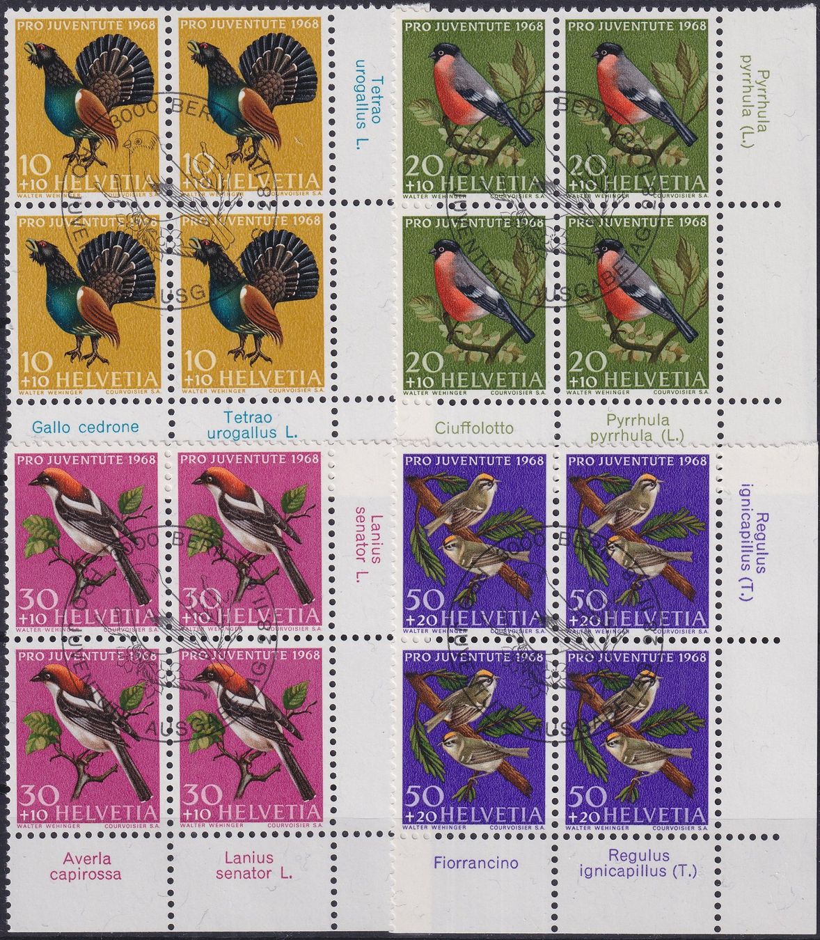 Tutti i francobolli: 1968, J224-227 im Viererblock mit Ersttagsstempel & Tabs – Usato da Sursee venduto da Luzernerraute