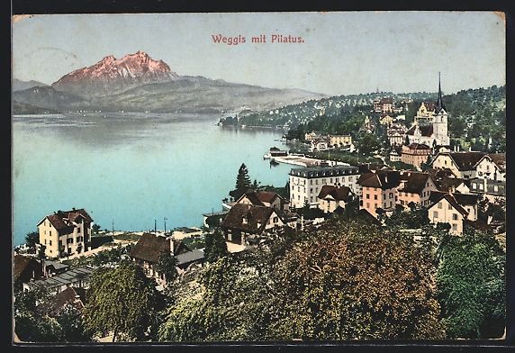 Cartoline postali: AK Weggis, Totalansicht mit Pilatus – Usato da Berlin venduto da bartko-reher
