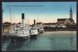 Romanshorn, Binnenschiffe im Hafen, Blic