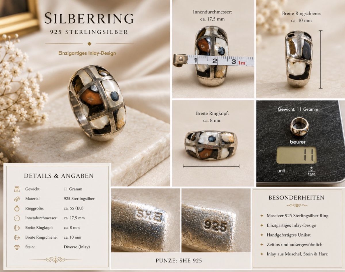 Ringe: Massiver 925 Silberring mit einzigartigem Inlay-Design – Gebraucht aus Brunnen von 0fi_67dj
