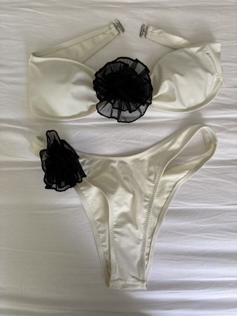 Cream Bikini Set with Black Net Flower Detail - Summer Ready