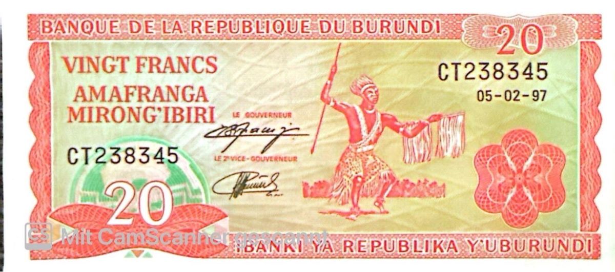 Banconote: Seltene Banknote Burundi 20 Francs 1997 – Nuovo (secondo la descrizione) da Madiswil venduto da Bilranis1071