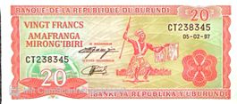 Seltene Banknote Burundi 20 Francs 1997