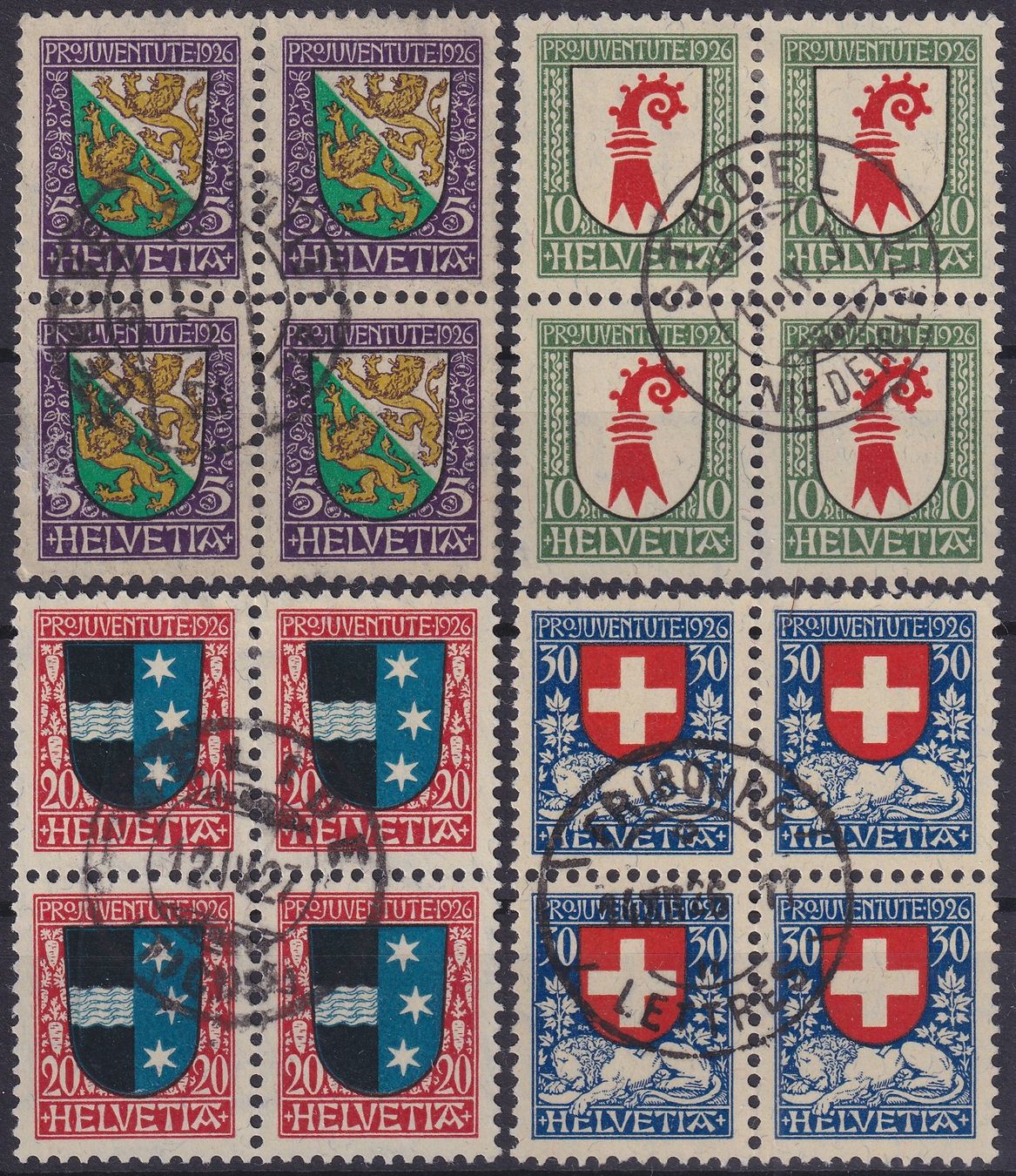 Alle Briefmarken: PJ 1926 Viererblöcke gestempelt, Kat: 215.- – Gebraucht aus Ebikon von SilvioFreund