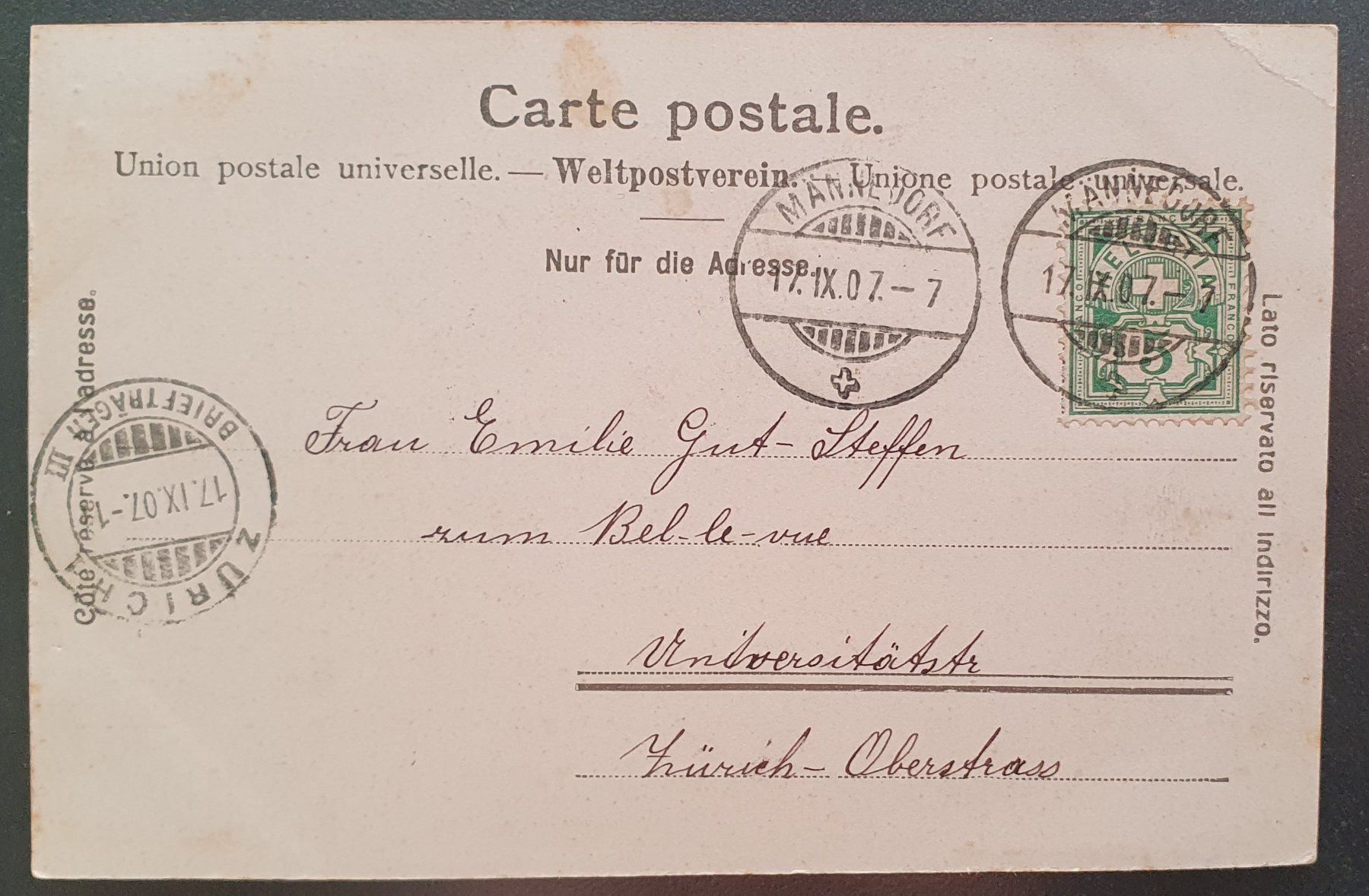 Cartoline postali: Männedorf, Betsaal Zeller Anstalt 1907 – Usato da Kreuzlingen venduto da Rschweiz1 1