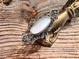 Vintage Perlmutter Ring Silber m Markasiten 53,5 lange Form