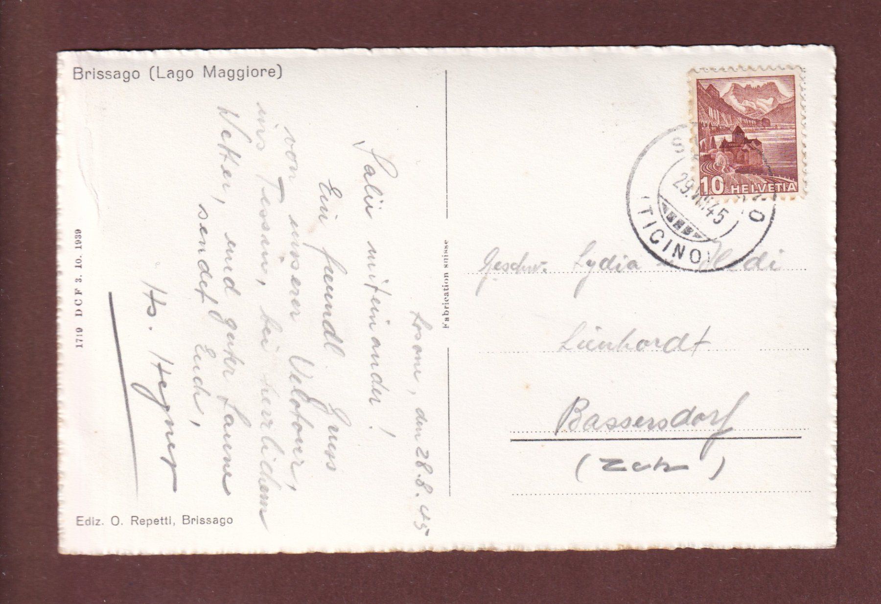 Cartoline postali: BRISSAGO - 1945 – Usato da Pully venduto da nicecards-shop 1