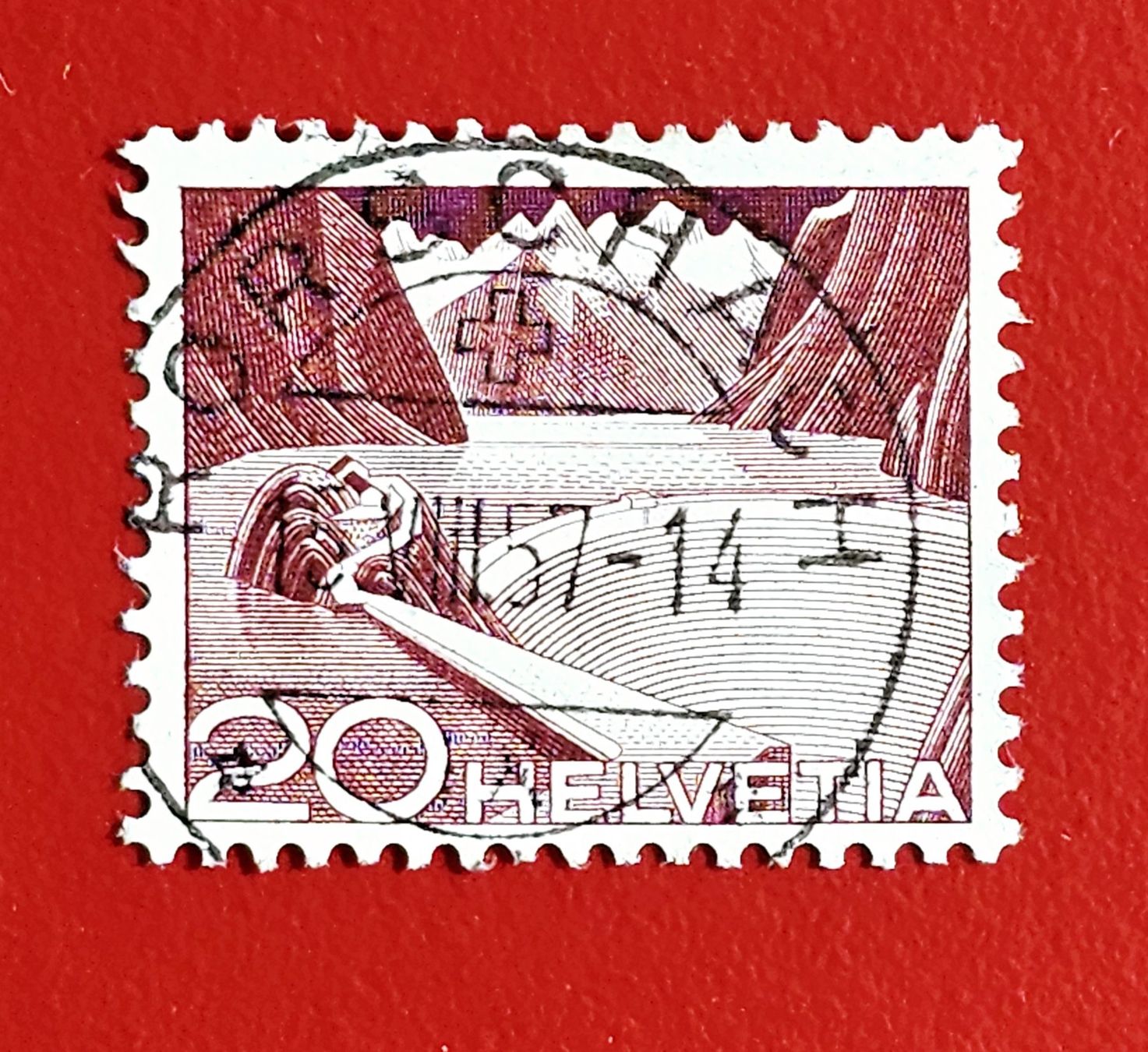 Alle Briefmarken: TECHNIK LANDSCHAFT GRIMSEL 301A VOLLSTEMPEL RORSCHACH 1957 – Gebraucht aus Düdingen von Quartierstrasse