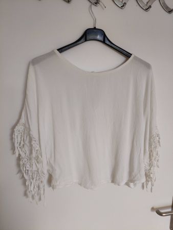 Weisses Sommertop mit Fransen, Zebra, Gr. 38