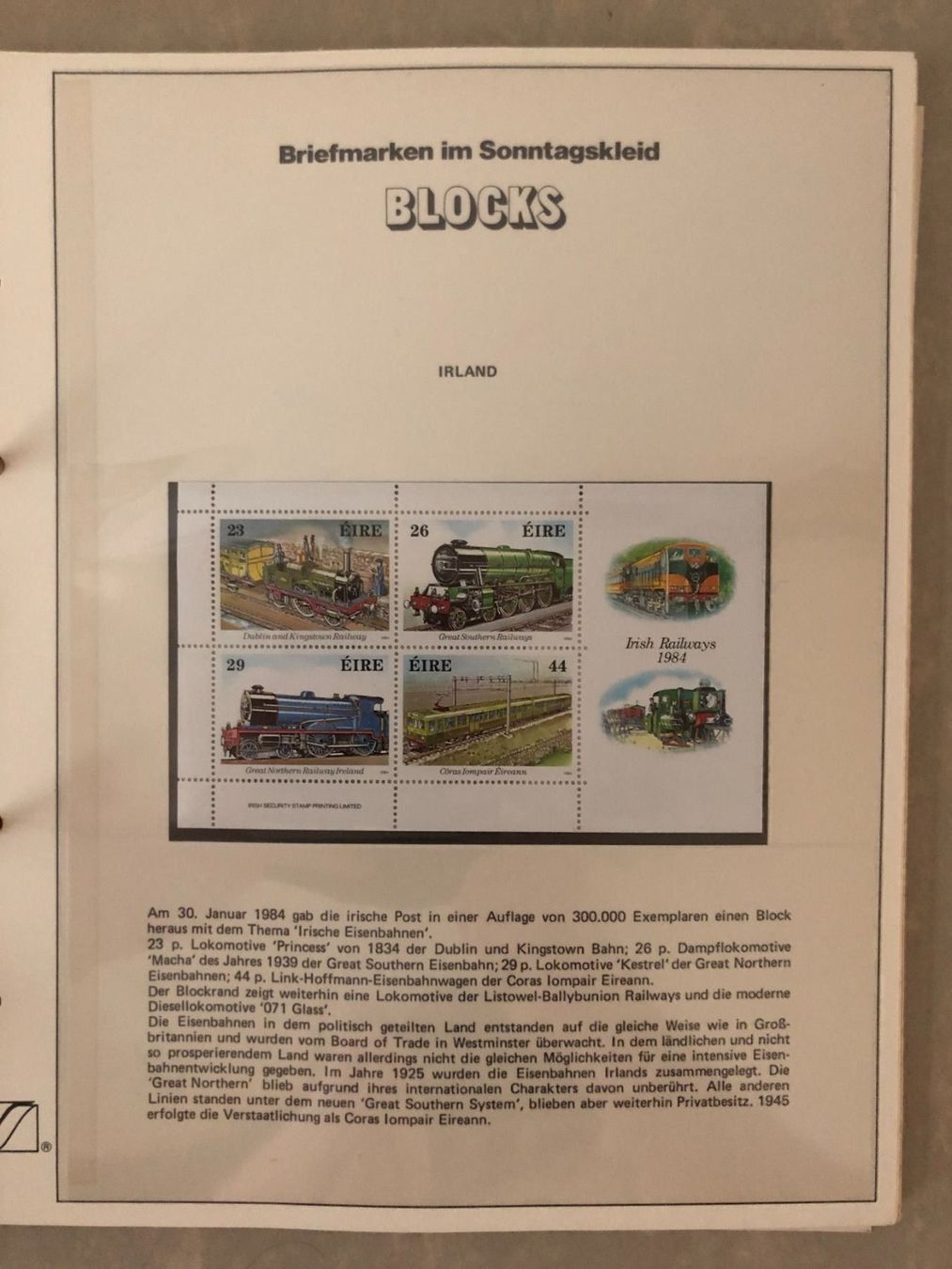 Tutti i francobolli: Block Irland 1984, Irische Eisenbahnen, Postfrisch – Nuovo e nell'imballaggio originale da Landquart venduto da interesse63