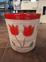 Blumentopf aus Keramik, rot-beige, Tulpen