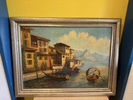 Gemälde von Oberholzer mit Booten an italienischer Küste, 