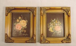 2er Set handgemalte Blumenbilder im Goldrahmen, signiert