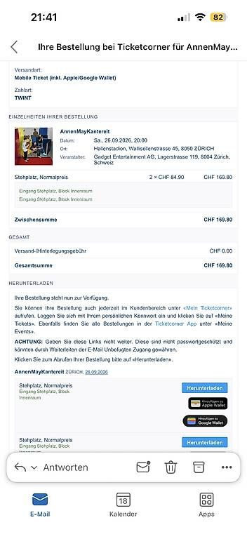 Biglietti: 2x Stehplatz Annenmaykantereit – Nuovo e nell'imballaggio originale da St. Gallen venduto da fla_j5jj