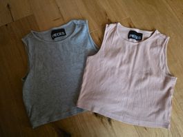 Pieces Top Set, Sommer, Grau und Rosa, Grösse S