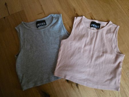 Pieces Top Set, Sommer, Grau und Rosa, Grösse S