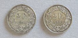 2 x Fr. 2.-  1945 und 1957, Silber