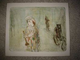 Lithografie Harlekin, Clown mit Trompete Hannes Portmann
