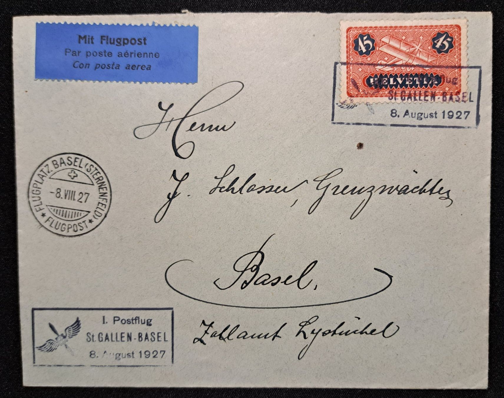 Tutti i francobolli: Flugpost Erster Postflug St. gallen - Basel 1927 – Usato da Unterägeri venduto da PhilatelieStudiger