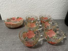 Teeservice Glas mit Rosenmuster 6 Tassen und Untertassen