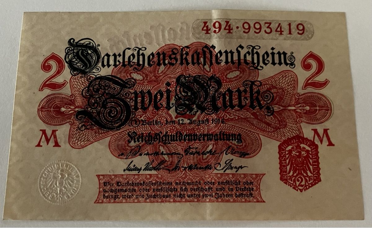 Banknoten: Deutschland 2 Mark 1914 – Gebraucht aus Algetshausen von Carrhard