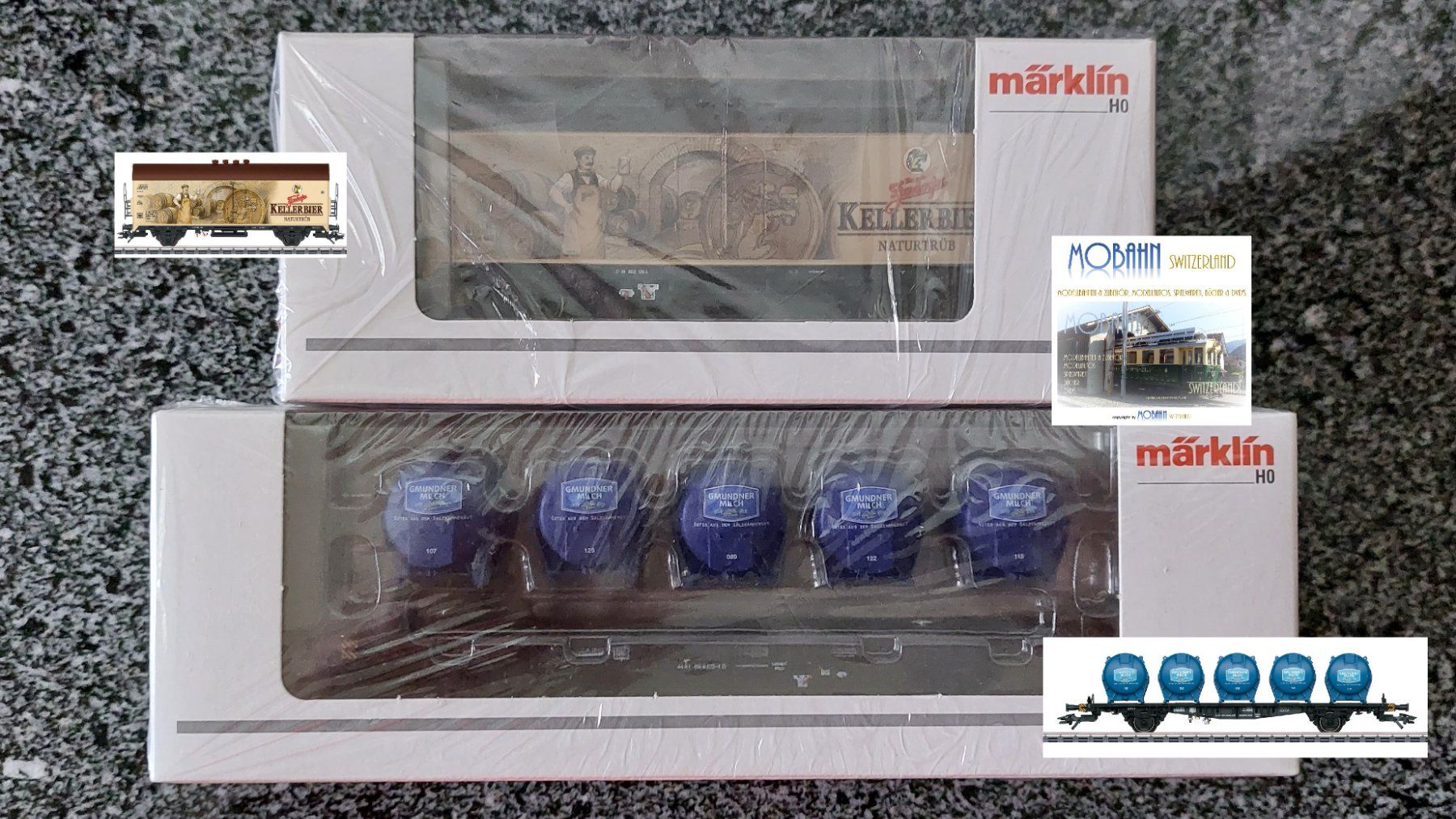 Märklin Modellini di ferrovie: Märklin - 2-teiliges Güterwagen-Set "Milch & Bier" – Nuovo e nell'imballaggio originale da Rotkreuz venduto da MOBAHN-1zu87