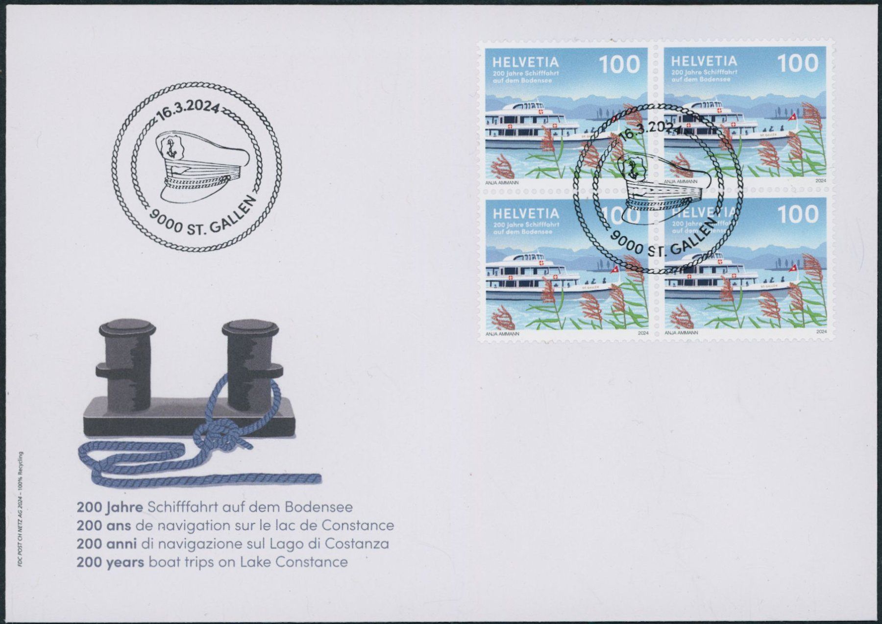Tutti i francobolli: 2024 - Schifffahrt Bodensee - Viererblock - Sonderstempel – Usato da Schindellegi venduto da leecollect