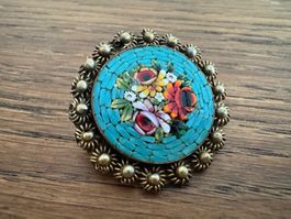 Brosche Mosaik Blumen antik Messing