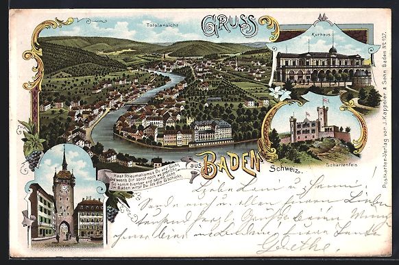 Ansichtskarten: Litho Baden, Totalansicht, Stadtturm, Ku – Gebraucht aus Berlin von bartko-reher