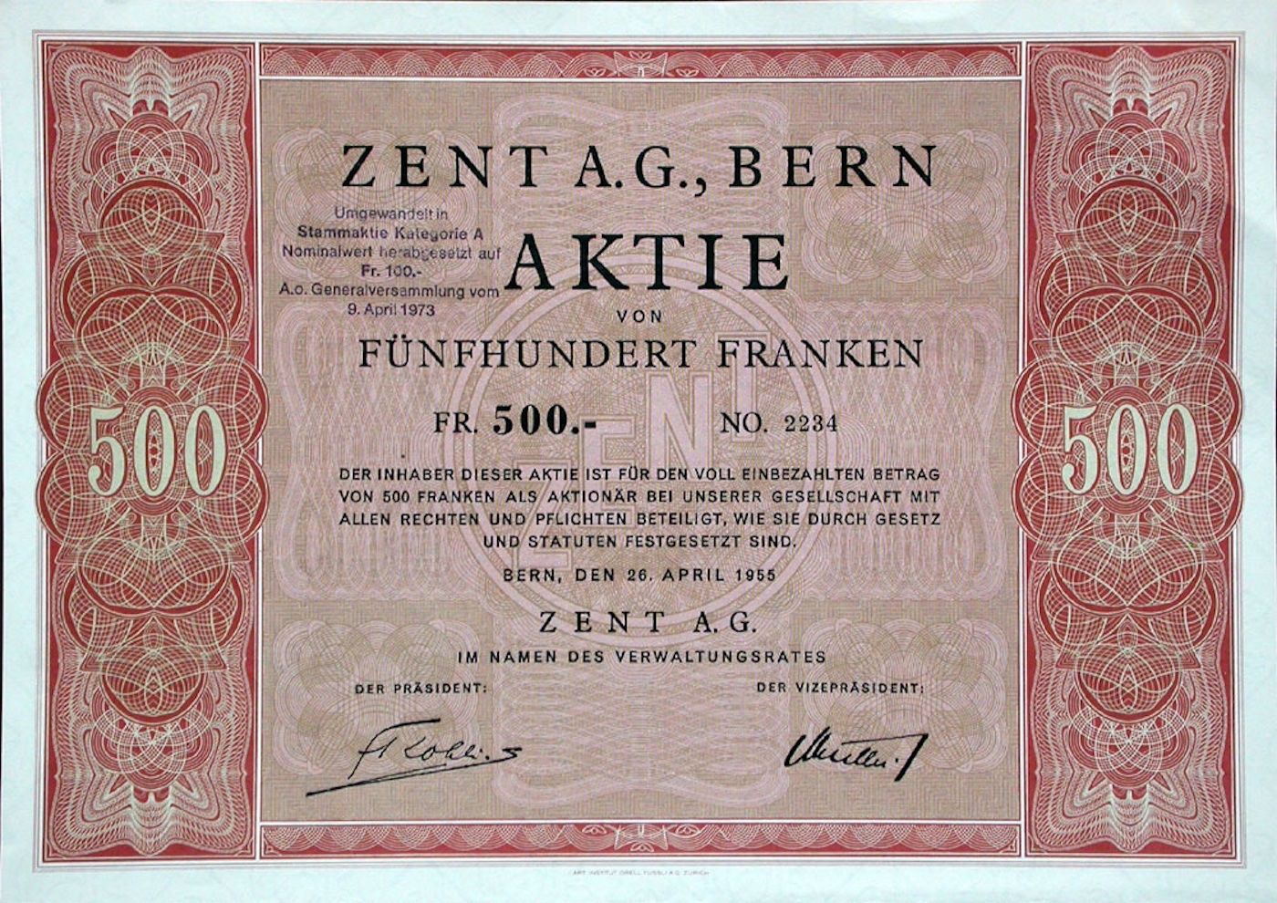 Documenti: Zent AG, Bern - 1955 – Usato da Solothurn venduto da Sgasche