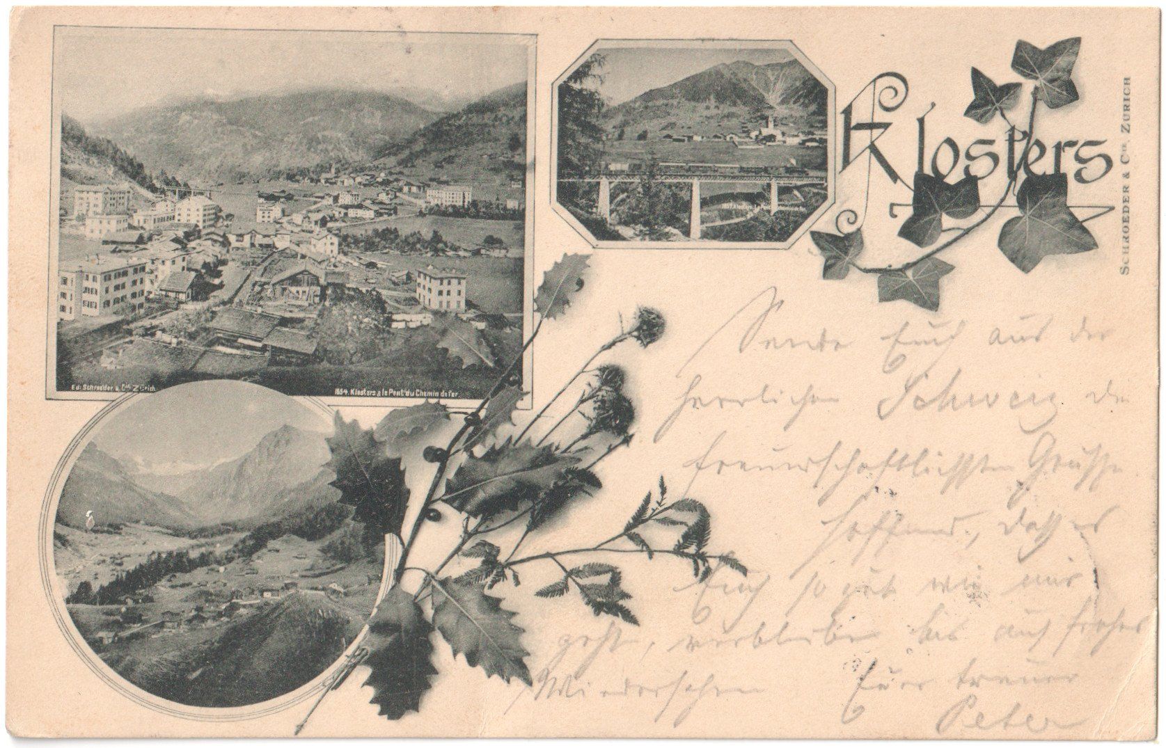 Cartoline postali: KLOSTERS: 3Bild-AK mit Rhätischer Bahn 1898 – Usato da Engelburg venduto da Swisscards