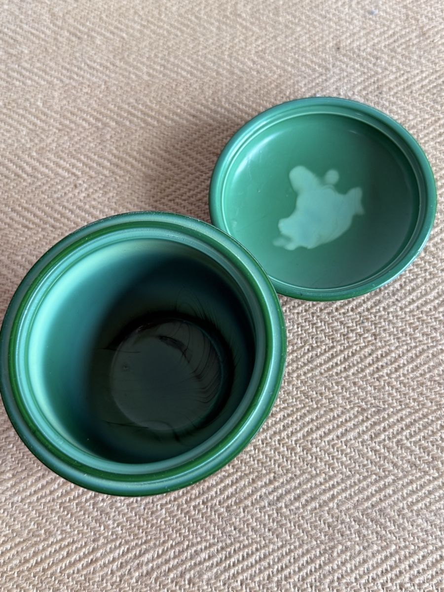 Zuccheriere: Vintage Deckeldose Boho Malachit Glas Tschechoslowakei  – Usato da Konolfingen venduto da petzipetz 3