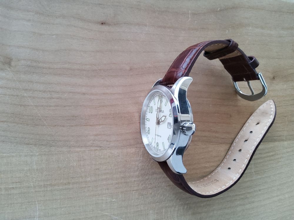 Montres: Grovana, weisses Zifferblatt, braunes Lederband, automatic – Neuf (Voir description) à Aarau par Aarauer65 6