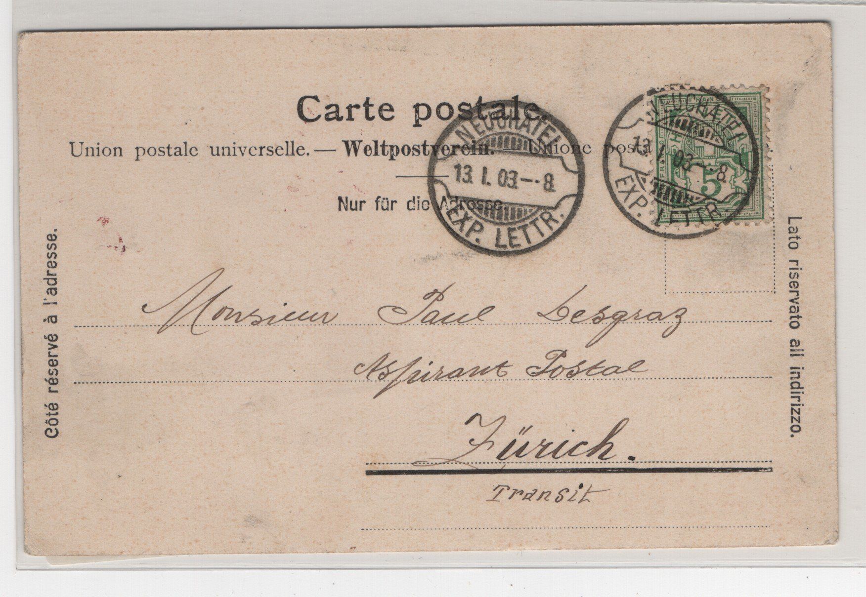 Cartoline postali: Ansichtskarte 13.I.03 mit Rasierklingenstempel Neuchatel – Usato da Gordola venduto da tist