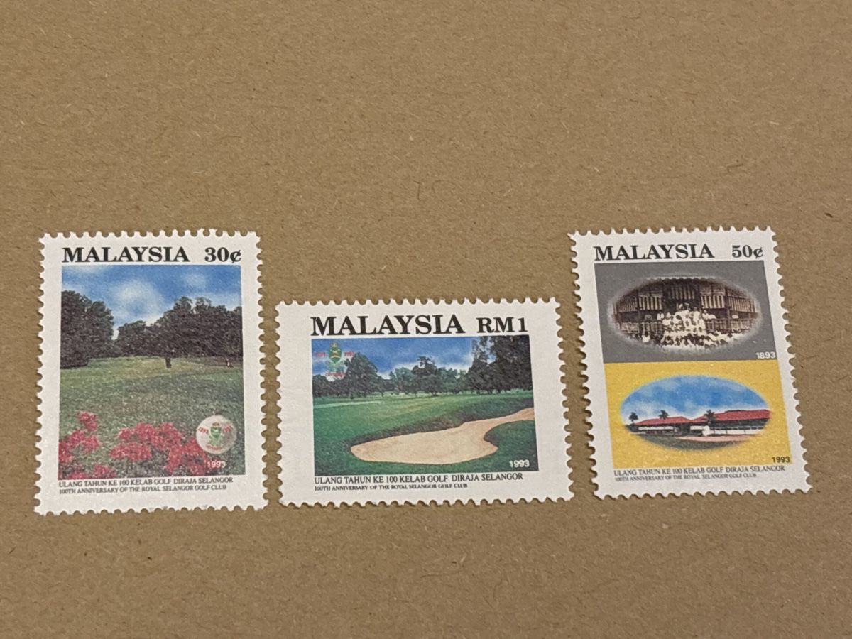 Tutti i francobolli: 3 seltene Malaysia Golf Briefmarken, 1993 – Nuovo e nell'imballaggio originale da Zürich venduto da engebrunau