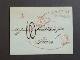 1849, Faltbrief Aarau nach Paris auf historischer Postroute
