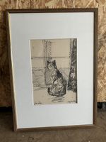 Schöne grosse Zeichnung, Katze vor Fenster, Josef Keller 