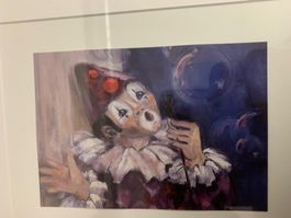 Gemaltes Bild: Trauriger Clown mit Seifenblasen, gerahmt