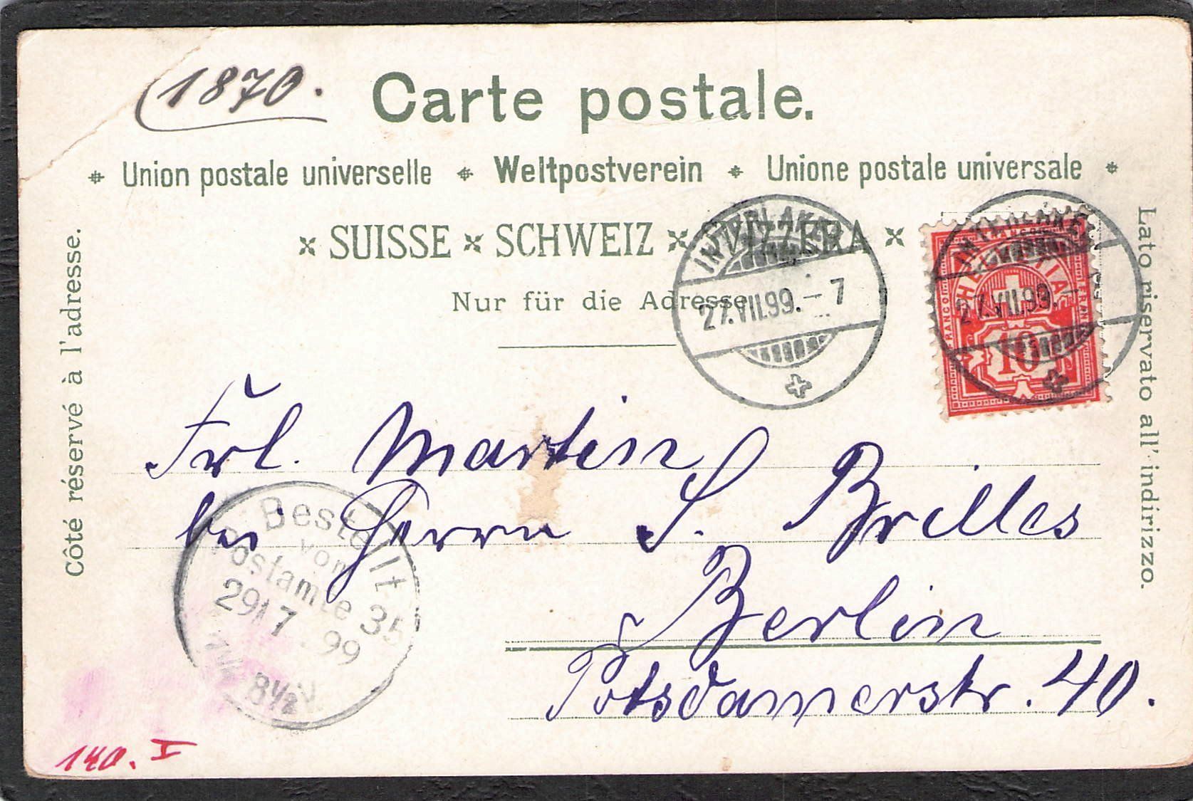 Ansichtskarten: ^Lithografie Pontresina 1899 – Gebraucht aus Reichenburg von Pipo-67 1