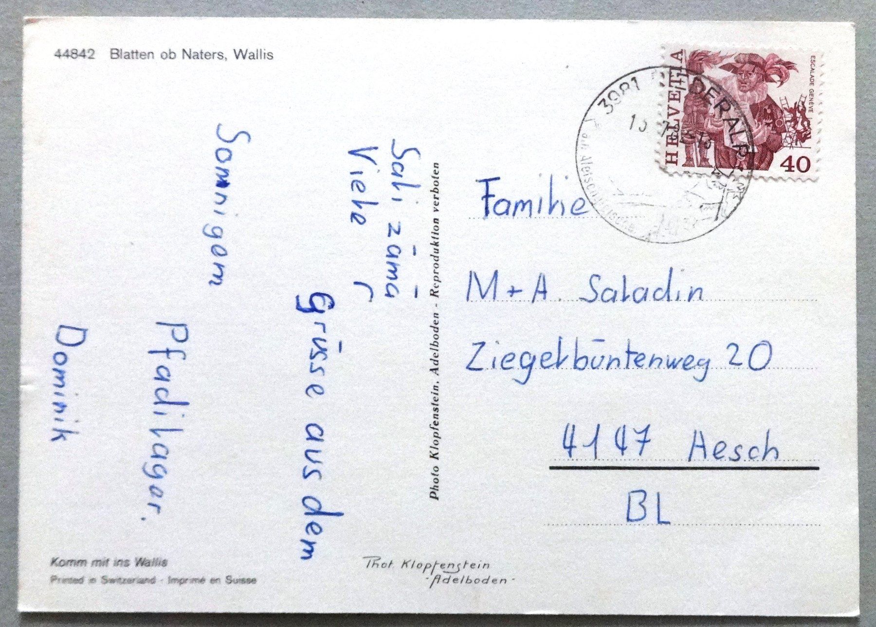 Cartoline postali: Blatten ob Naters, Wallis – Usato da Fétigny venduto da Billy2miny 1