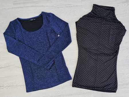 2er Set Damen Oberteile XS Schwarz/Blau Glitzer NEU