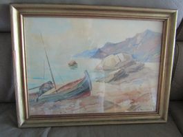 Homme en bateau, aquarelle sous verre signée